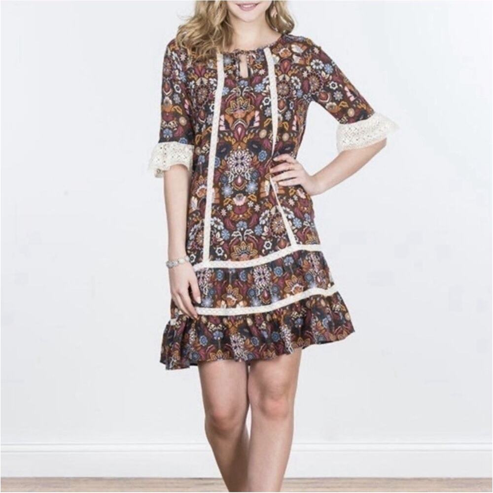 Matilda Intermission Brown Floral Lace Trim Tiered Midi Dress Sz L